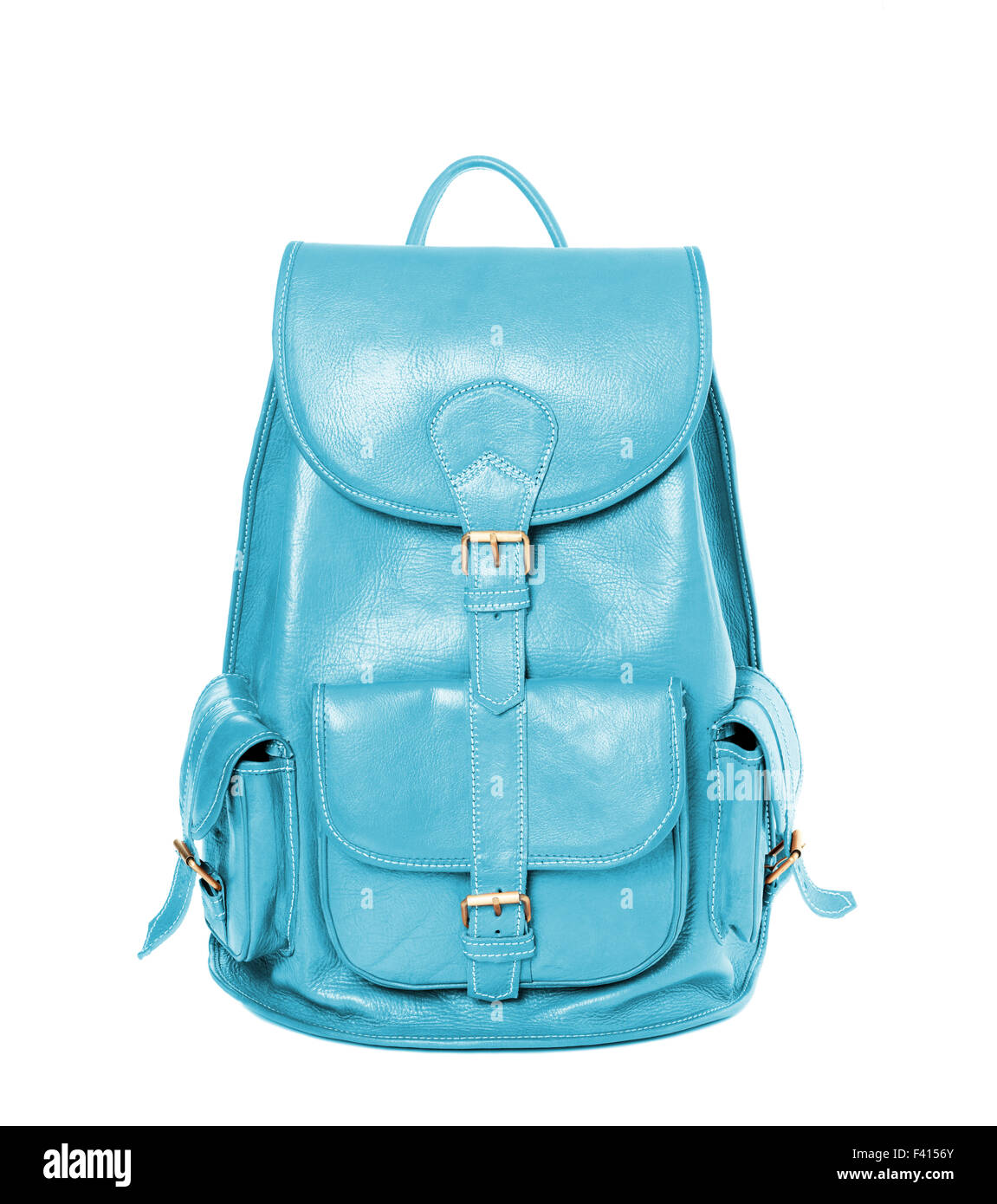 Leather backpack standing isolated cyan color Stock Photo - Alamy