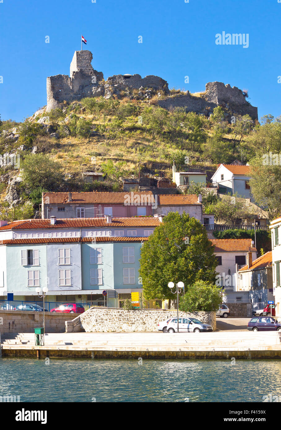 Old Obrovac hill ruins on Zrmanja river Stock Photo