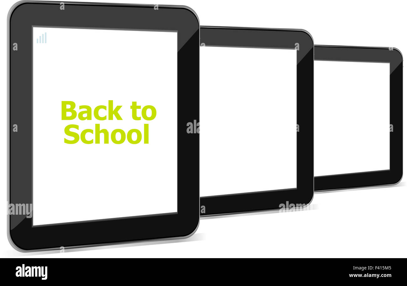 Tablet PC set with dack to school word on it, isolated on white Stock Photo