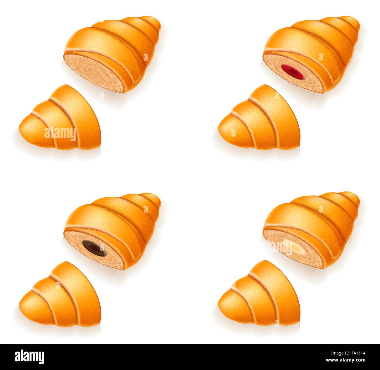 Set Icons Of Fresh Crispy Croissants With Jam Chocolate And Cream Vector Illustration Isolated On White Background Set Icons Of Fresh Crispy Croissants With Jam Chocolate And Cream Vector Illustration Isolated On White Background