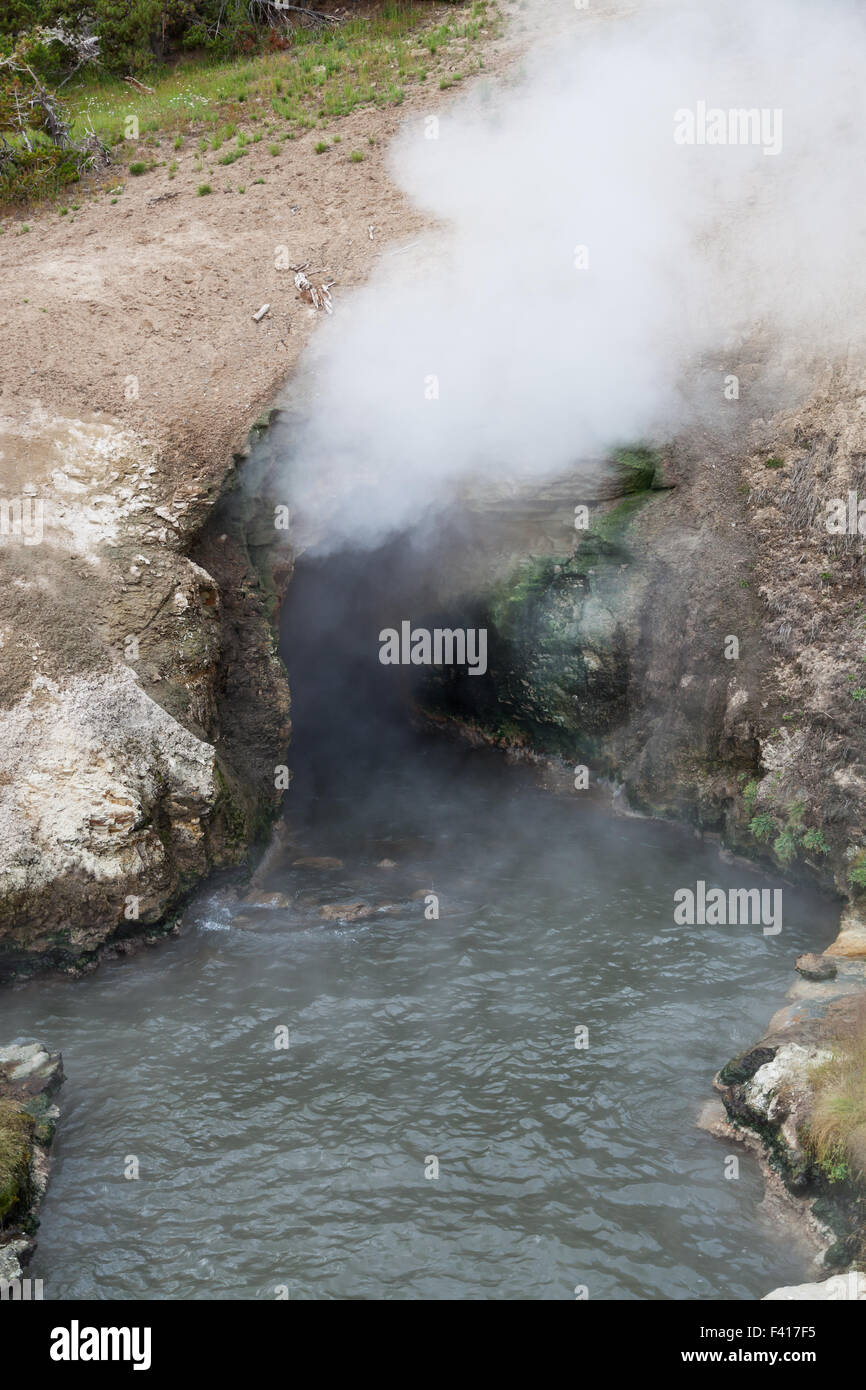 The cave opening of Dragon's Mouth Spring with hot steam escaping and waves of hot mineral water flowing out at Yellowstone Nati Stock Photo