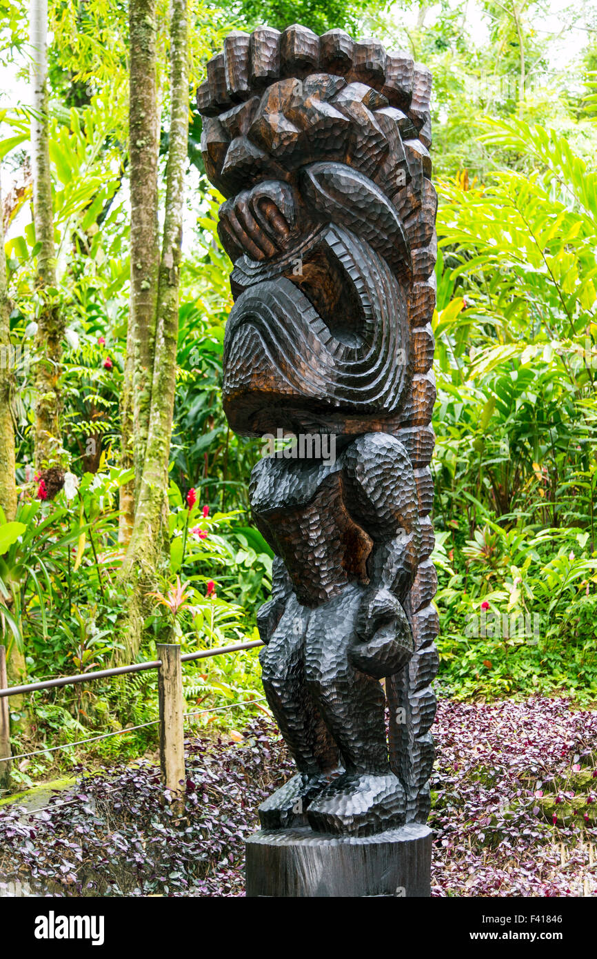 Tiki, Ku, Hawaiian God. Historic Monkey Pod Tree hand carved by Master Carver William “Rocky” Vargas, Hawai'i Tropical Botanical Stock Photo