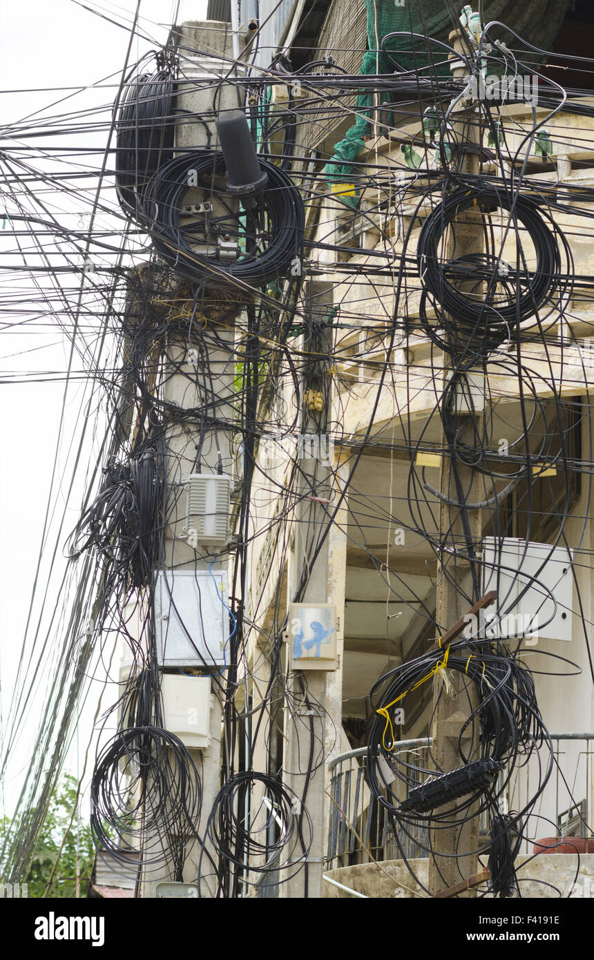 chaotic street wires, Cambodia Stock Photo