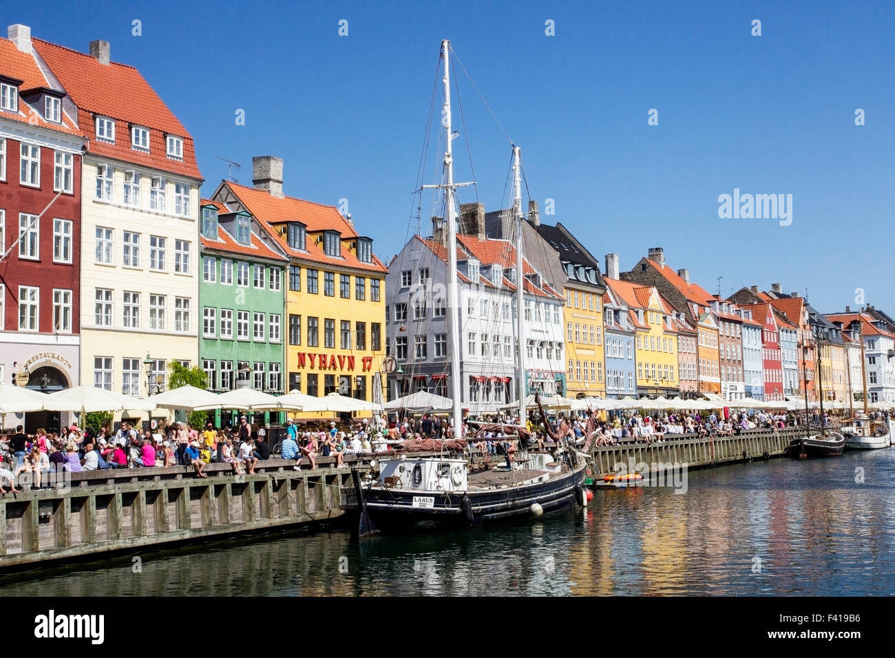 View of canal at Copenhagen, Denmark, showing boats and buildings Stock Photo