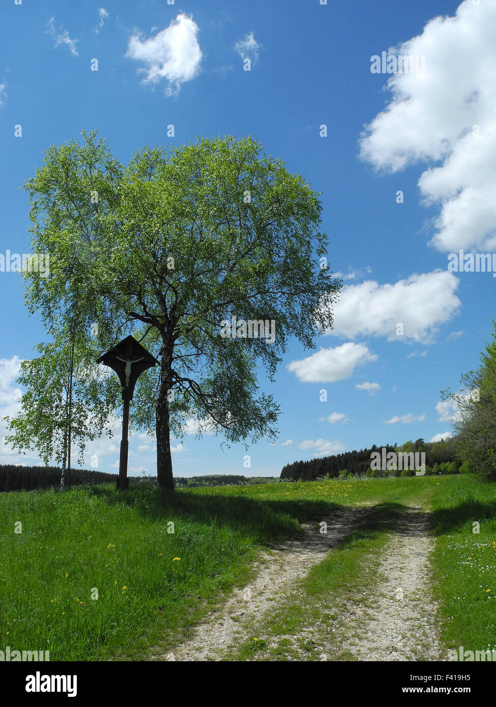 wayside cross; spring; meadow; Stock Photo