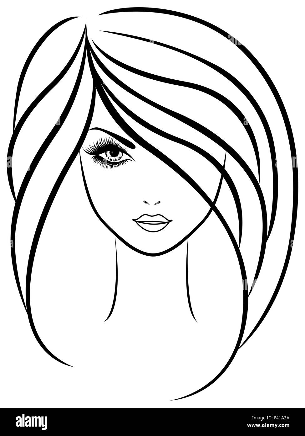 Hand-drawn simple vector sketch. Cute young girl, medium-long hair,  earrings in ears, black outline on a white background. Face, head. 7534059  Vector Art at Vecteezy