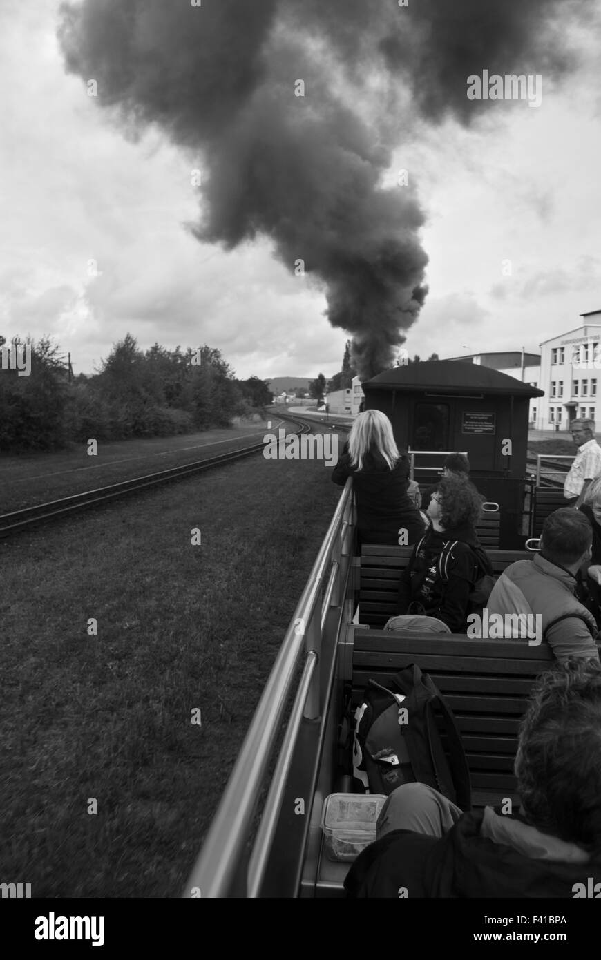 black and white photo of steam engine between Zittau and Kurort Oybin in Saxony Stock Photo