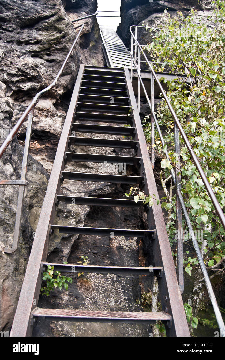 ladder to Scharfenstein rock summit in Zittauer Gebirge mountains in Saxony Stock Photo
