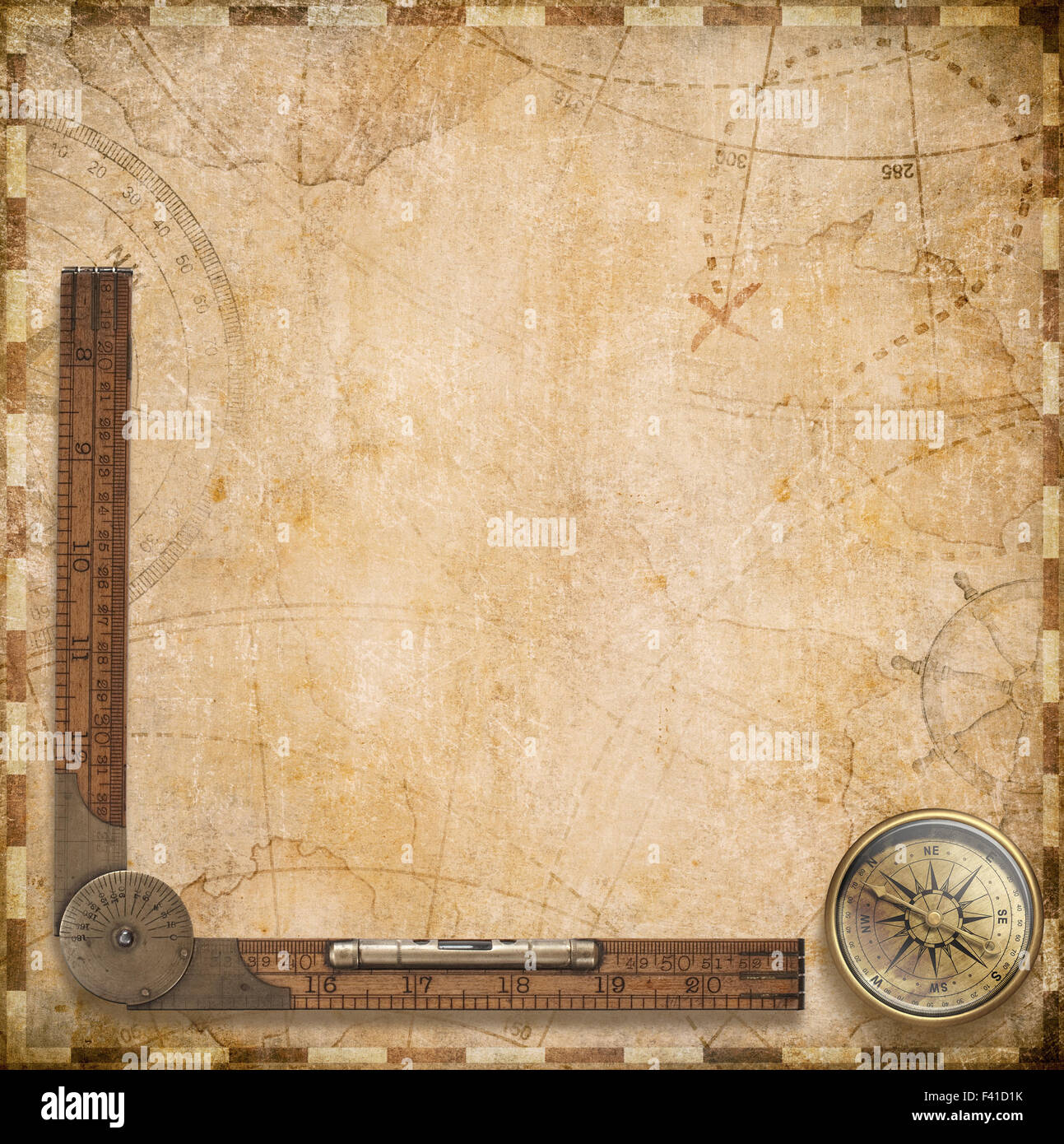 old nautical map with compass and wood ruler Stock Photo - Alamy