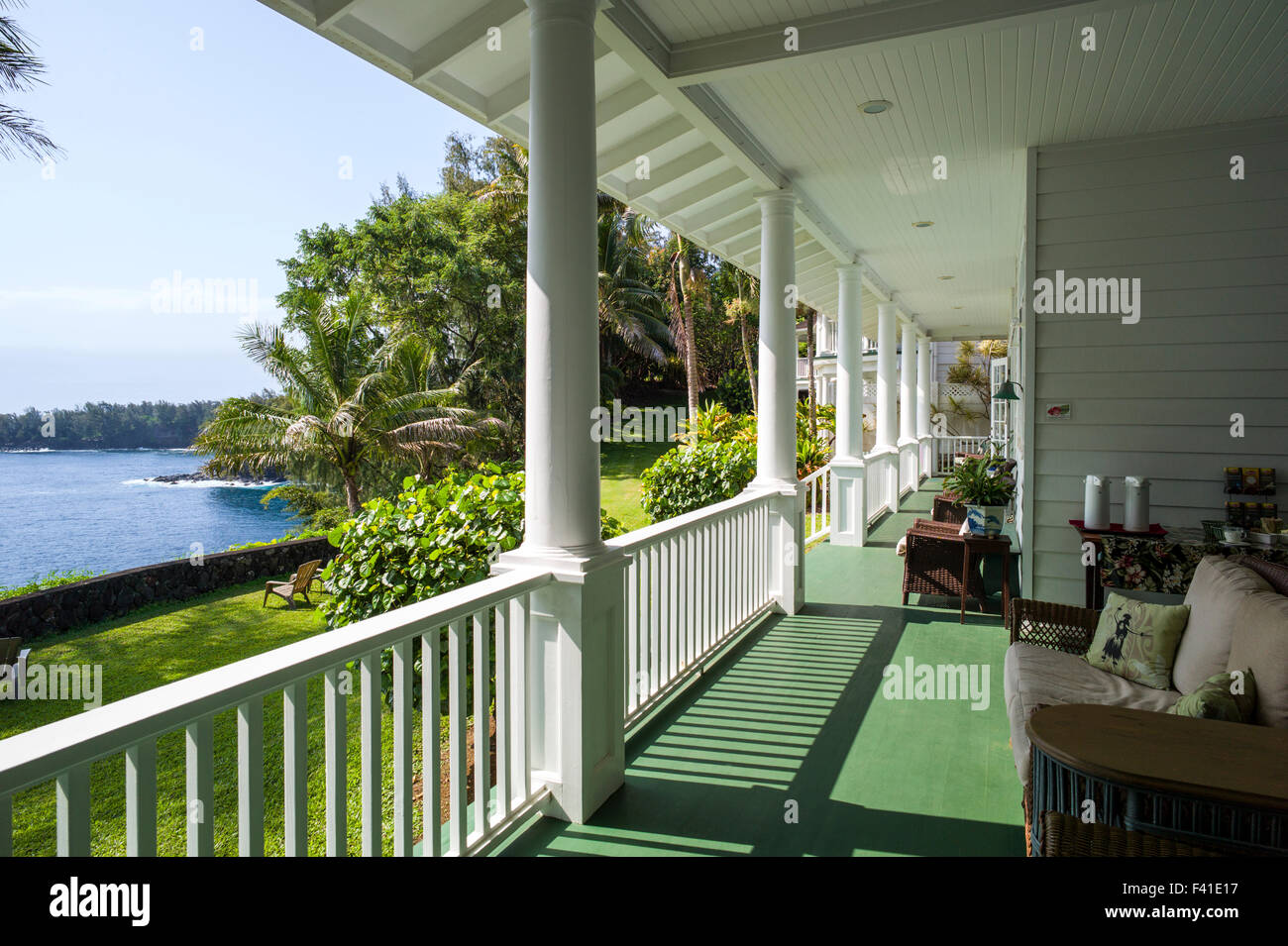 Porch view of Pacific Ocean from The Palms Cliff House inn, Honomu, The Big Island of Hawai'i, Hawaii, USA Stock Photo