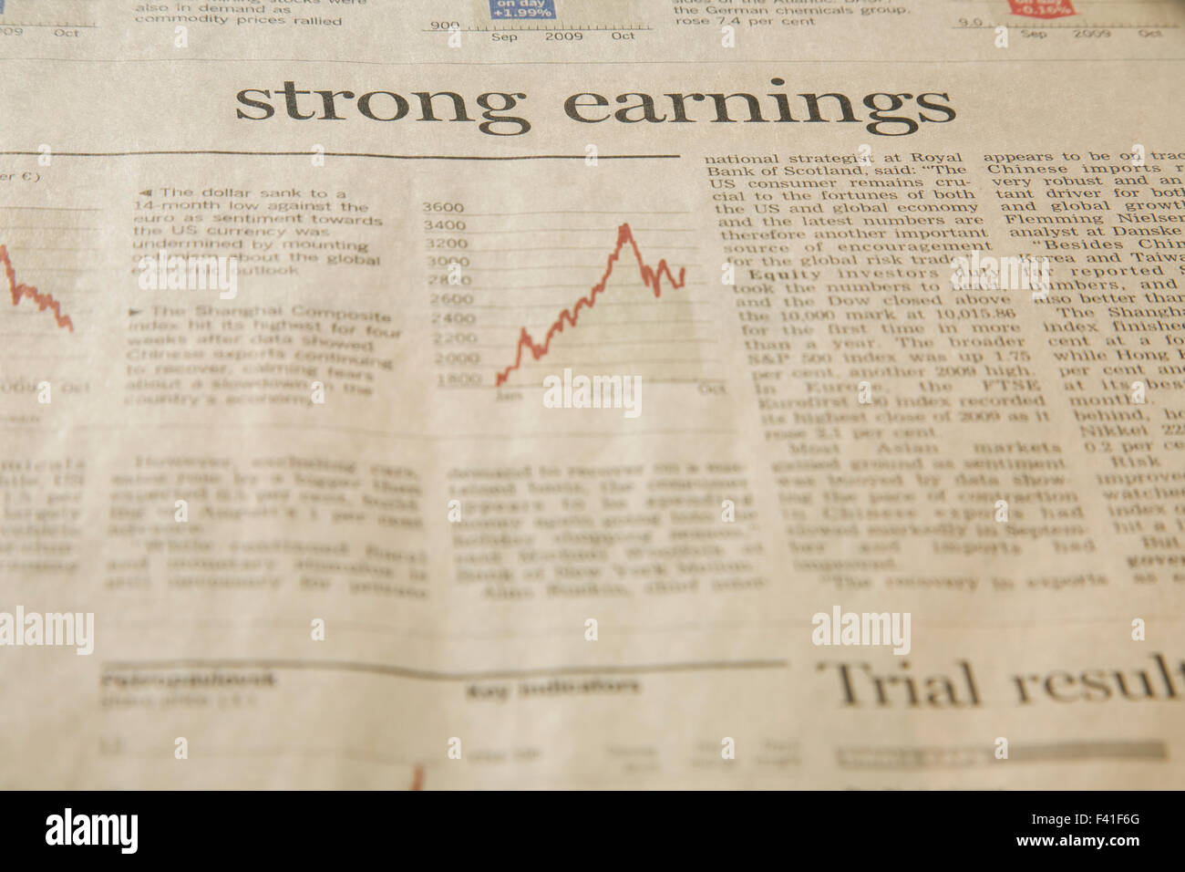News paper Stock market financial charts showing slight growth with