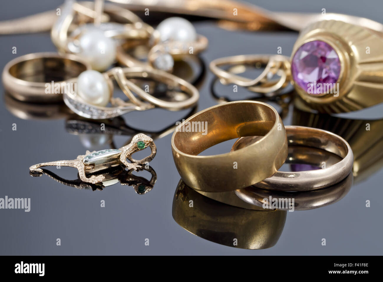 variety of gold jewelry Stock Photo