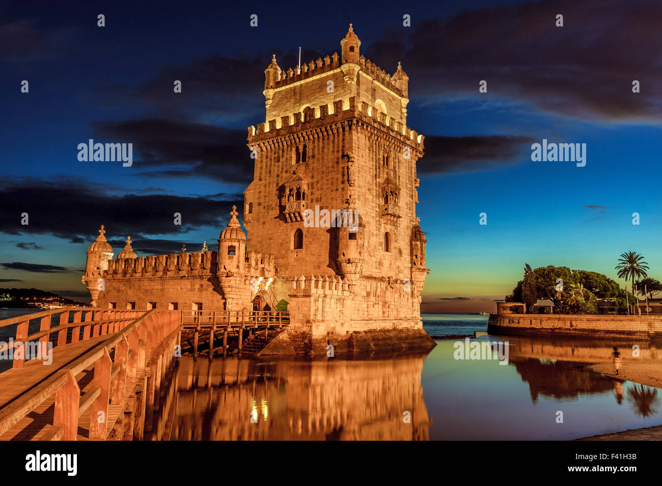 Left-sided view of the Belem Tower during a multi-colored sunset. Lisbon, Portugal. October, 2015. Stock Photo