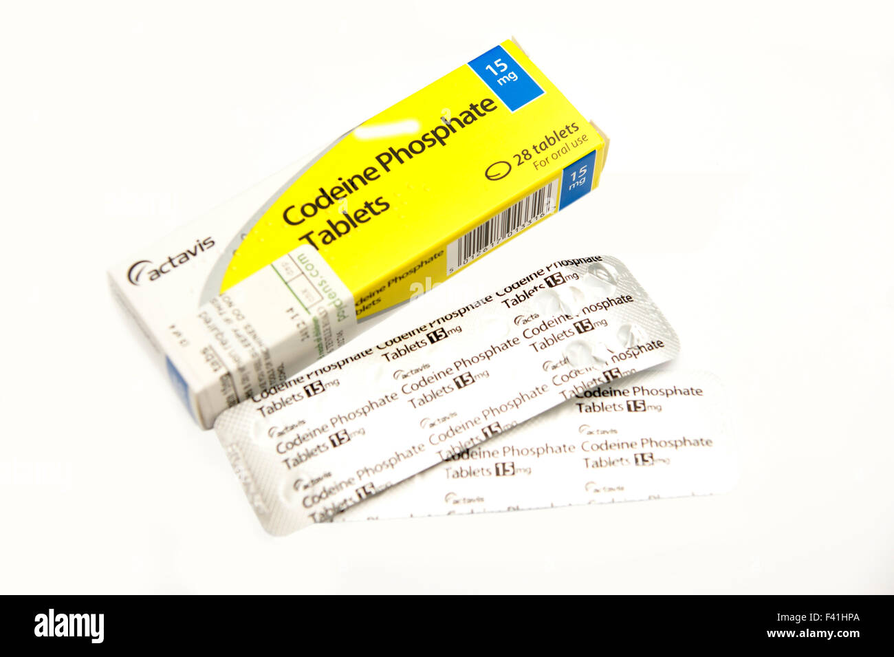 Codeine phosphate tablets (belongs to a group of medicines called opioid analgesics which acts to relieve pain) Stock Photo
