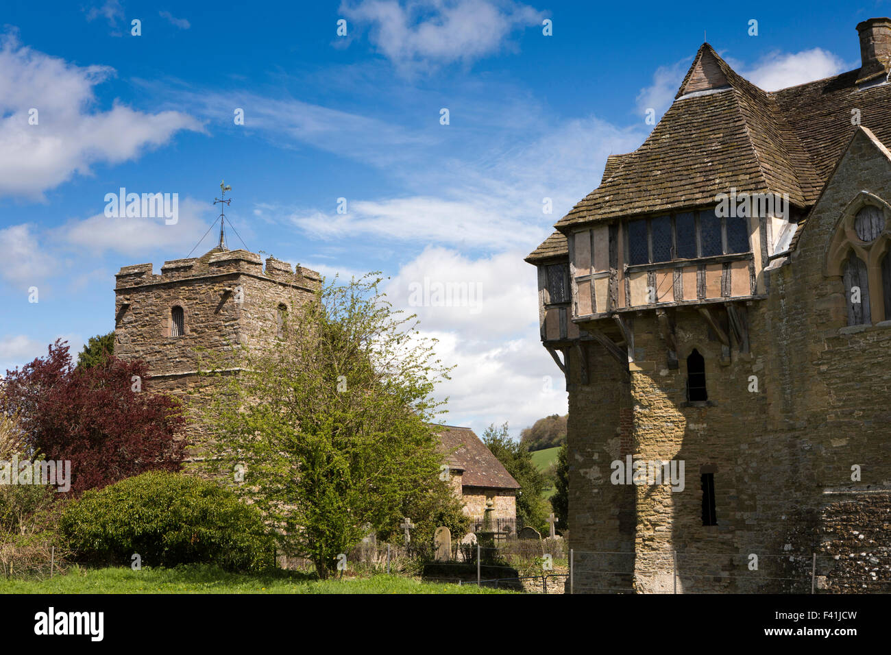 UK, England, Shropshire, Craven Arms, Stokesay Castle, North Tower and St John the Baptist Church Stock Photo
