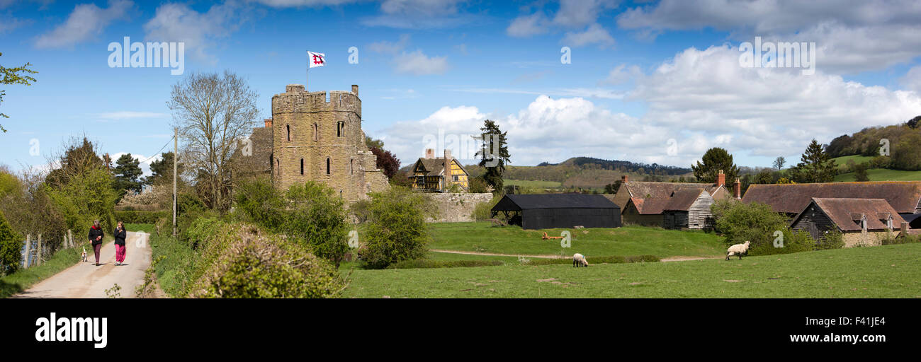 UK, England, Shropshire, Craven Arms, Stokesay Castle South Tower and farm, panoramic Stock Photo