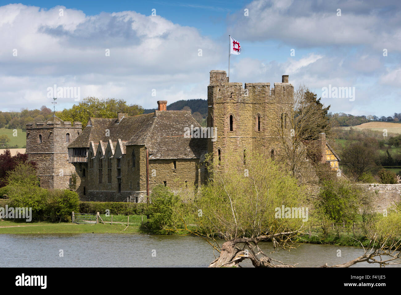 UK, England, Shropshire, Craven Arms, Stokesay Castle from across the lake Stock Photo