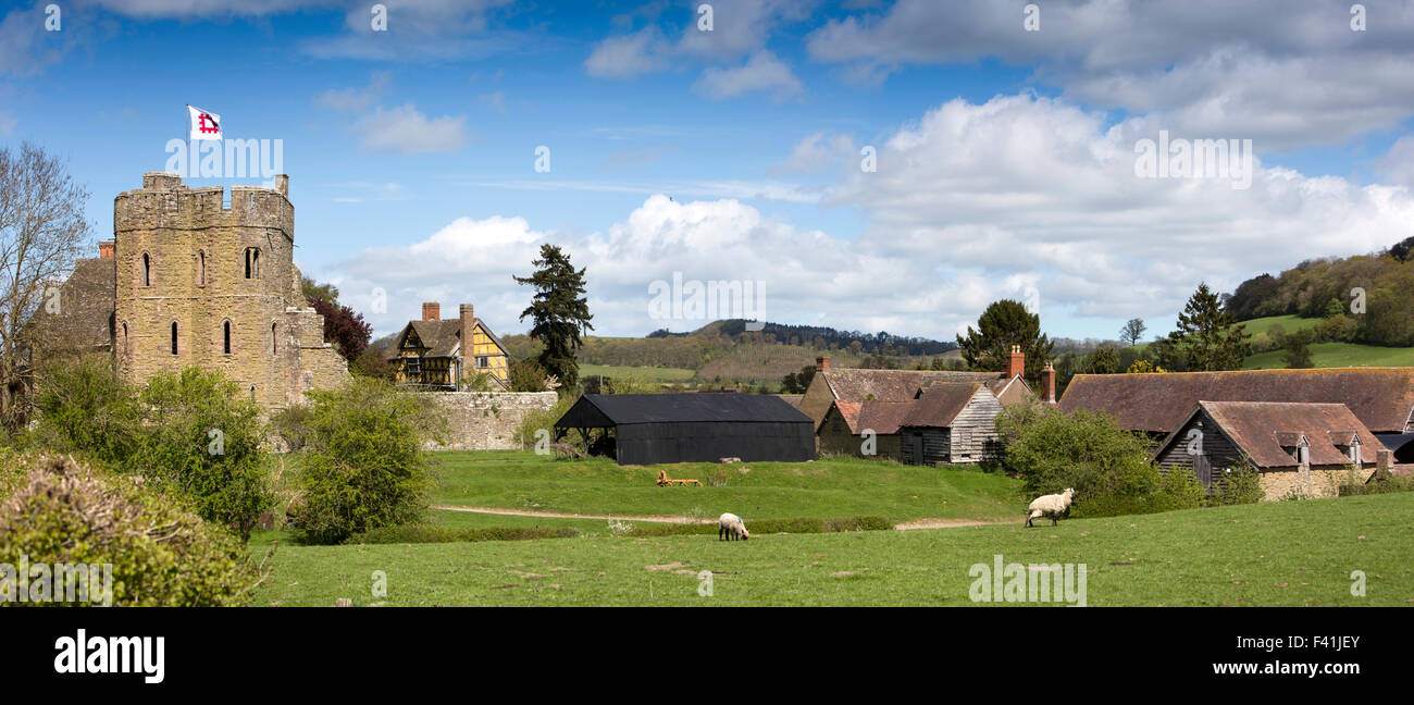 UK, England, Shropshire, Craven Arms, Stokesay Castle South Tower and farm, panoramic Stock Photo