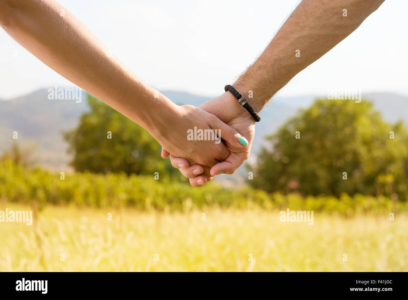Couple holding hands with romantic view at the sunlit field Stock Photo