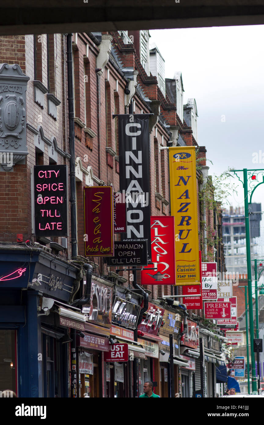 curry restaurants on Brick Lane in East London Stock Photo