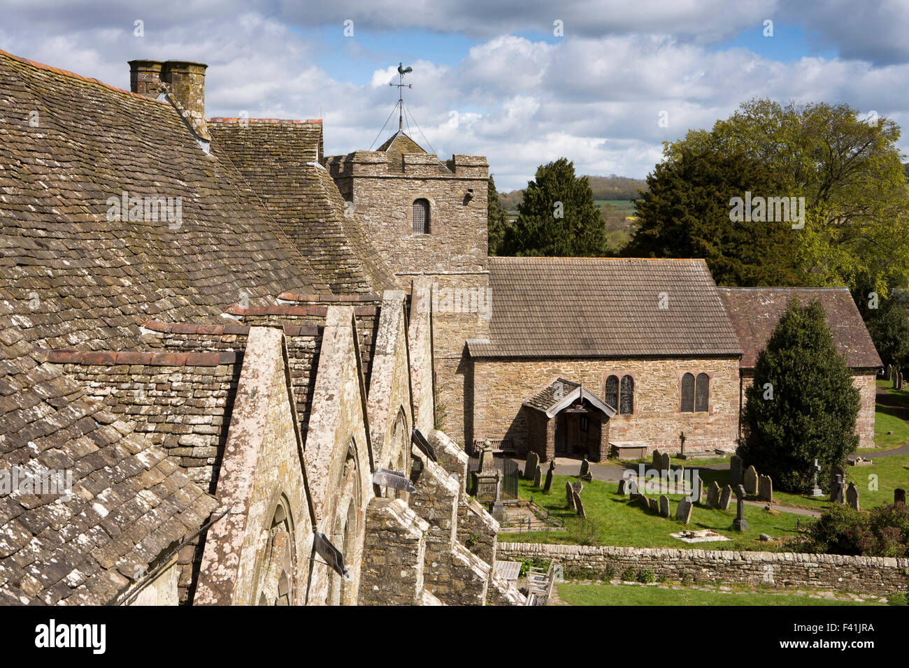 UK, England, Shropshire, Craven Arms, Stokesay Castle, elevated view of Great Hall roof and church Stock Photo