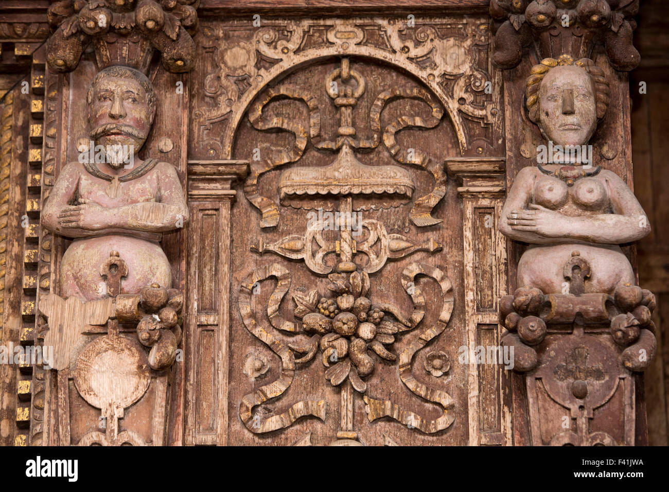 UK, England, Shropshire, Craven Arms, Stokesay Castle, The Solar, ornate fire surround carving detail Stock Photo
