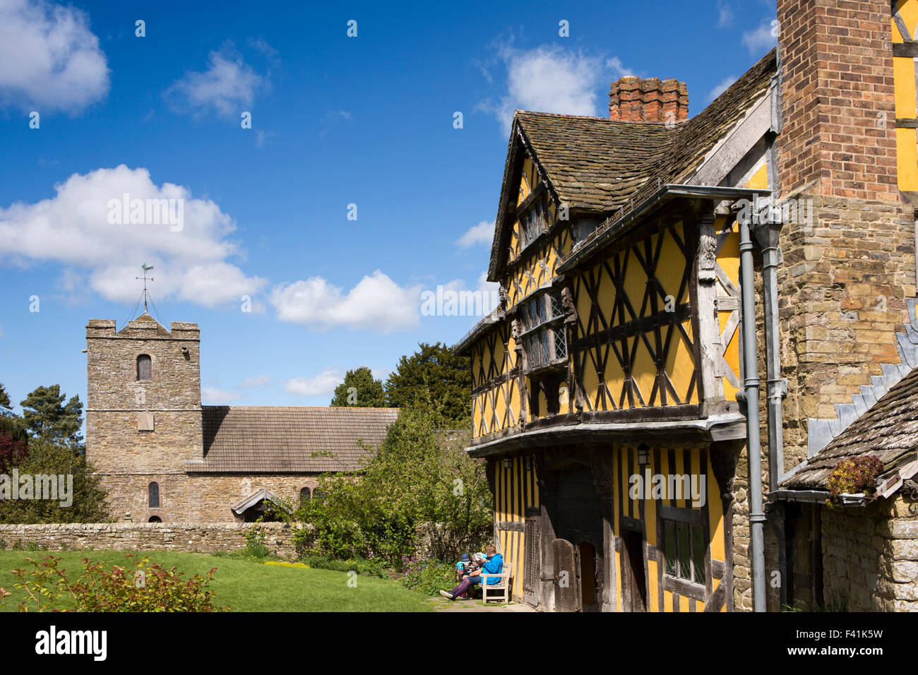 UK, England, Shropshire, Craven Arms, Stokesay Castle, gatehouse and St John the Baptist Church Stock Photo