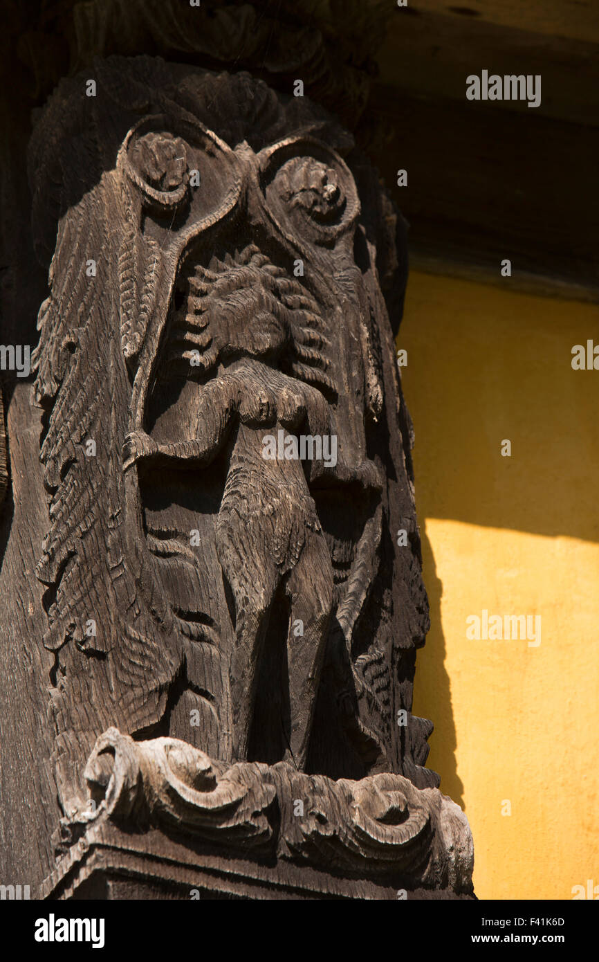 UK, England, Shropshire, Craven Arms, Stokesay Castle, gatehouse carved detail of female figure Stock Photo