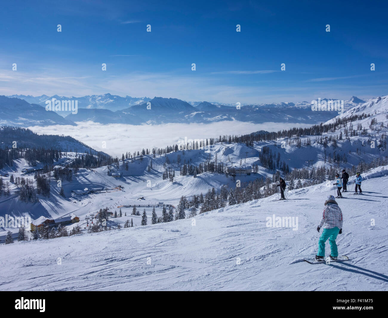 Fog above the valley near Bad Mitterndorf, skiing area Tauplitzalm, Tauplitz, Styria, Austria Stock Photo