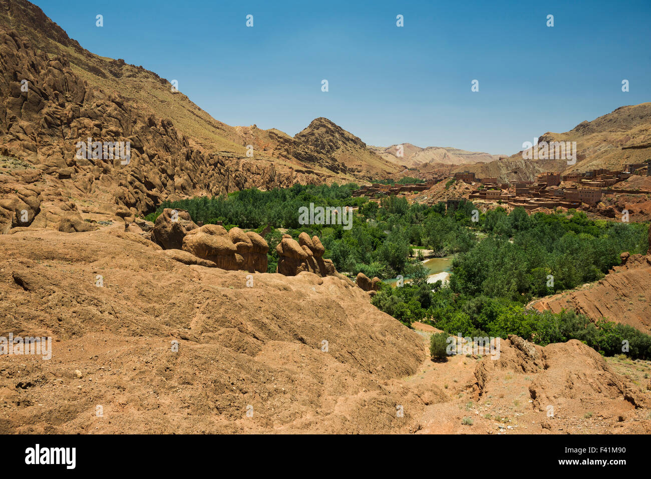 Oasis in Dades Gorge, Dades Valley, Boumalne-du-Dades behind, Morocco Stock Photo