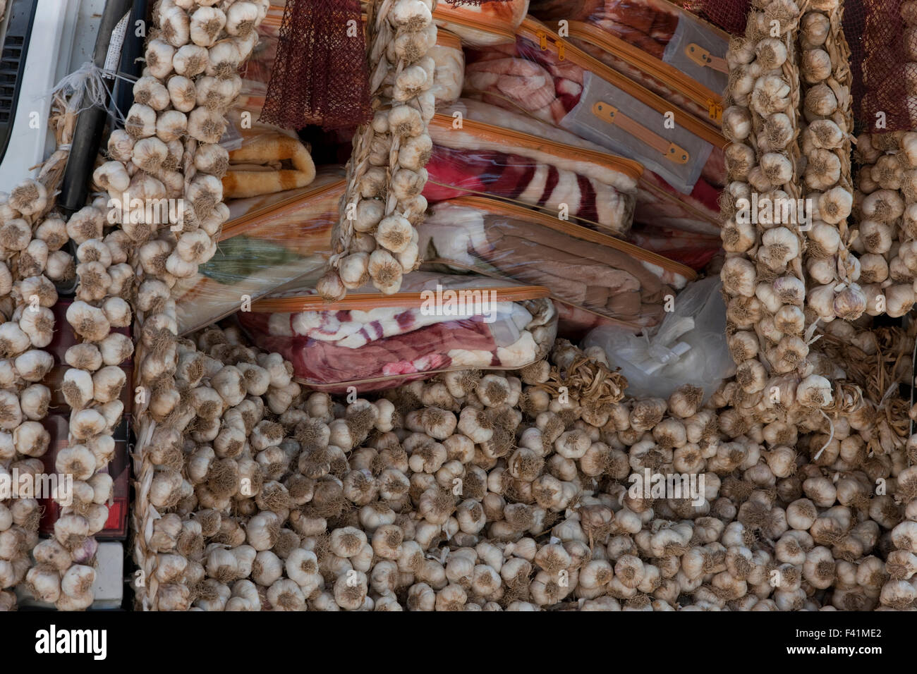 Bunch of dried garlic clove plaits for sale on a gypsy peddler's van