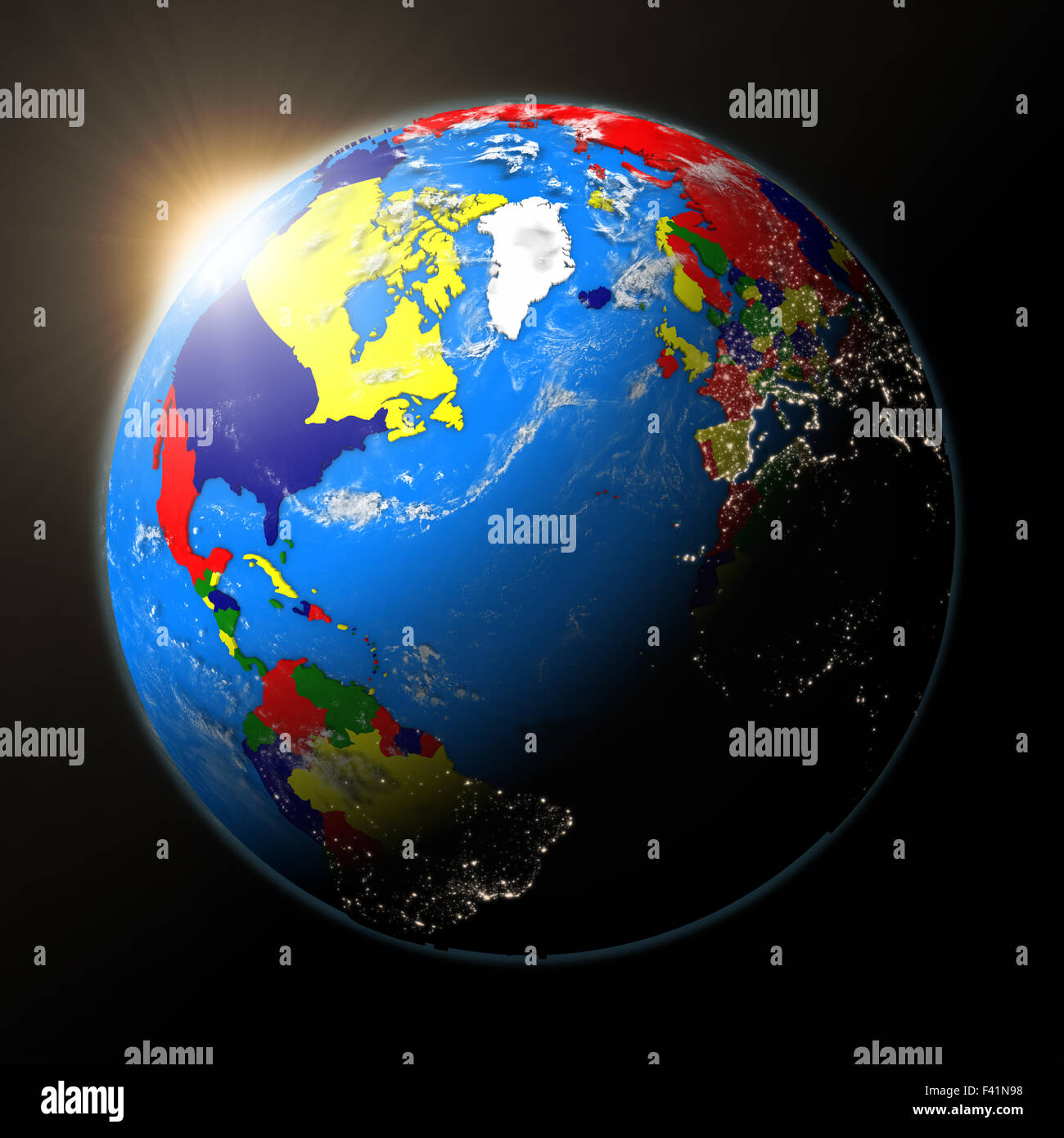 Sunset over North America on planet Earth with colored countries Stock ...