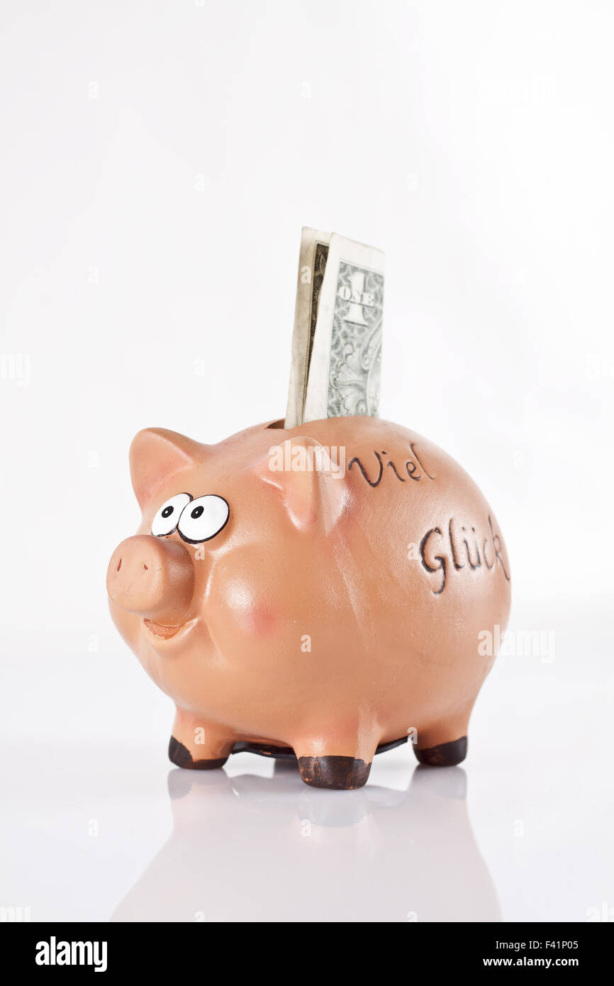 Piggy bank with  1 Dollar Stock Photo