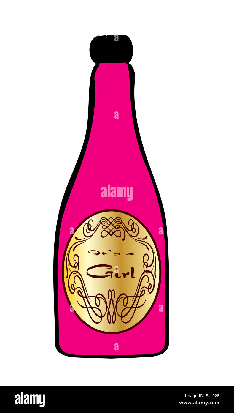 A congratulations bottle of pink champagne on a white background with the legend Its a girl Stock Photo