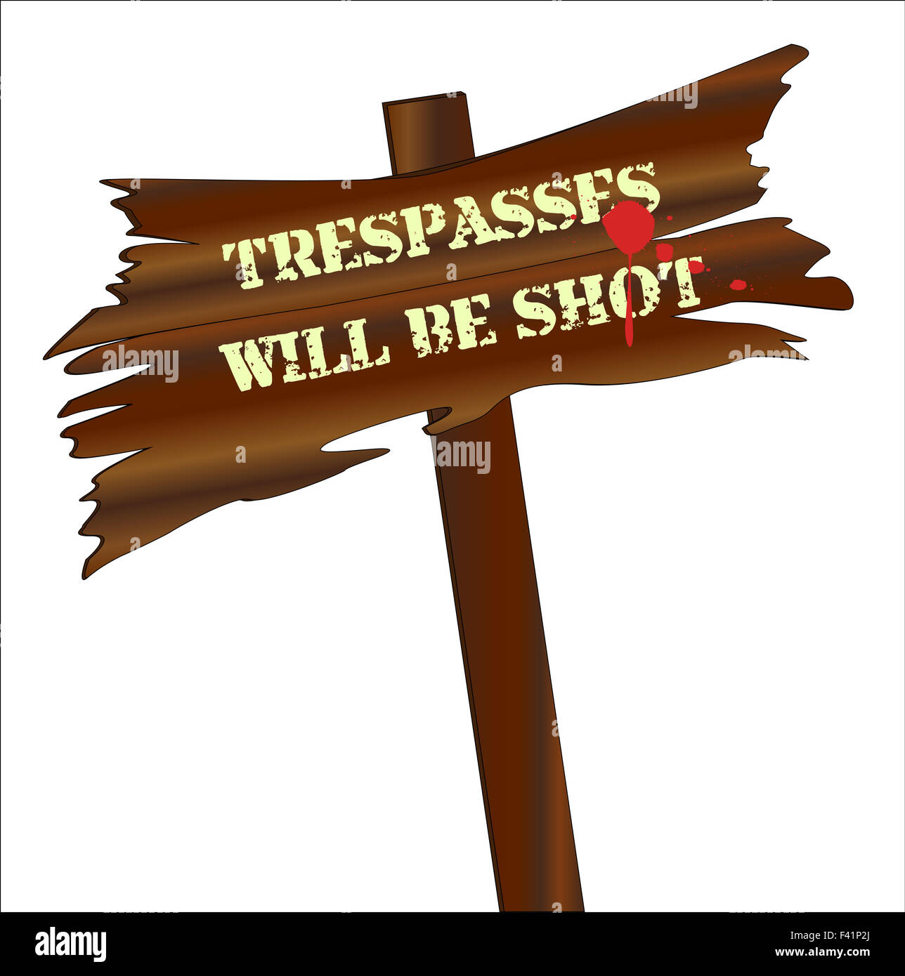 A sign with the text trespassers will be shot all over a white background Stock Photo