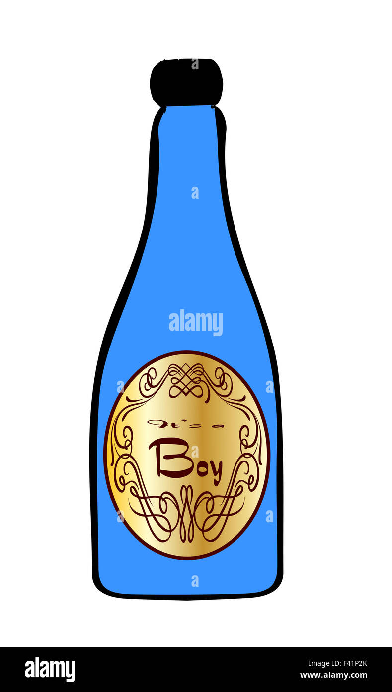 A congratulations bottle of blue champagne on a white background with the legend Its a boy Stock Photo