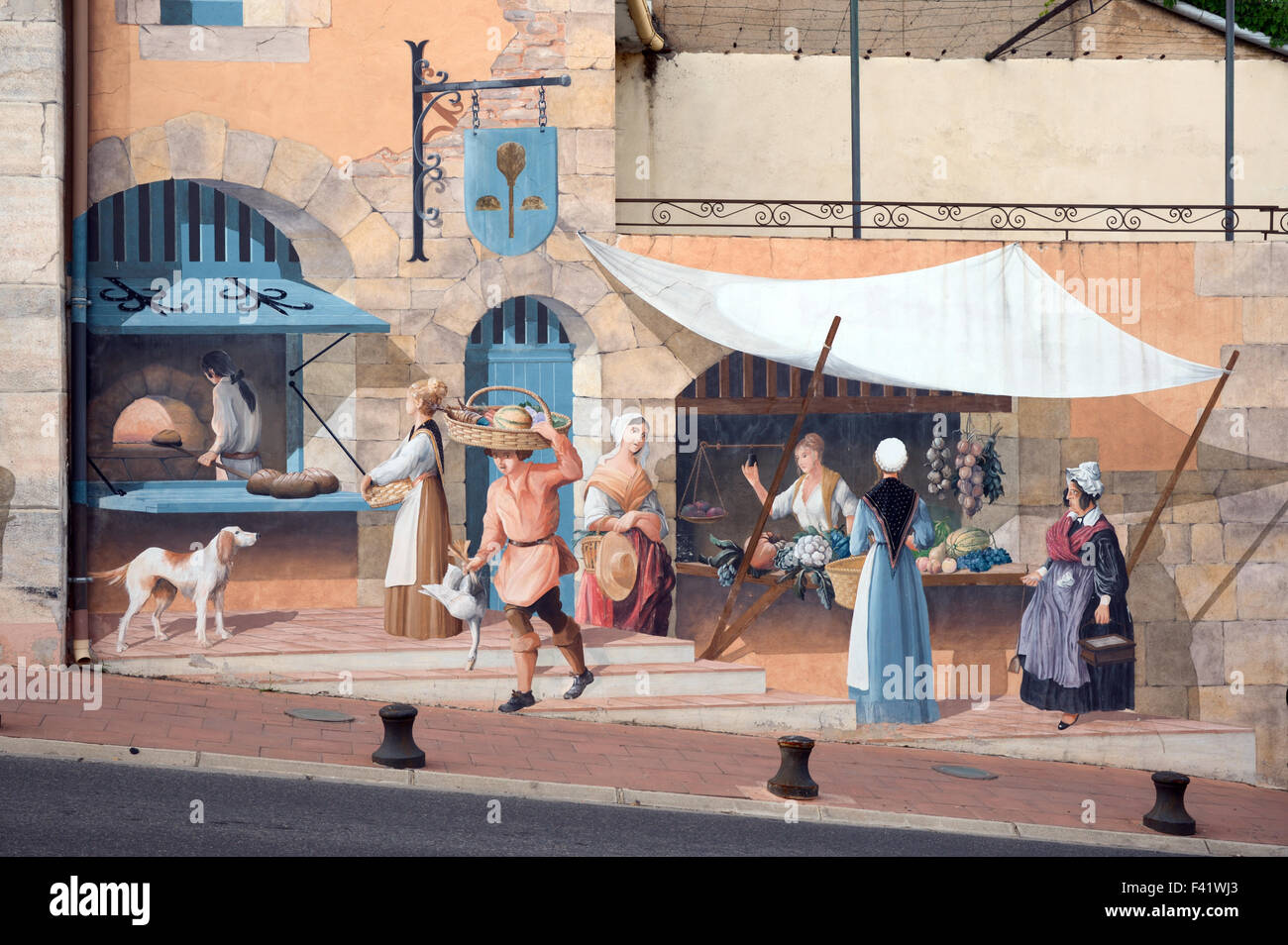 Wall Painting of Medieval Street Scene Market & Bakery Carcès in the Var Département Provence France Stock Photo