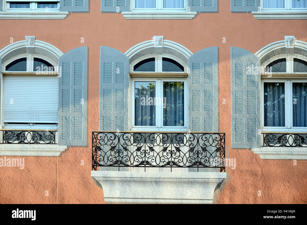 Trompe-l'Oeil Window Shutters & Balcony on the Facade of a Retirement Home Carcès Provence France Stock Photo