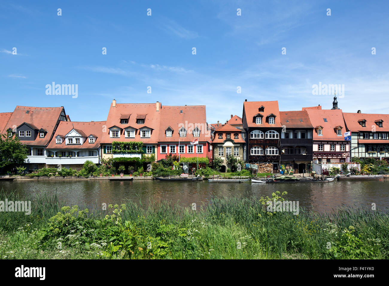 Row of houses, Klein-Venedig, beside Pegnitz river, Bamberg, Upper Franconia, Bavaria, Germany Stock Photo