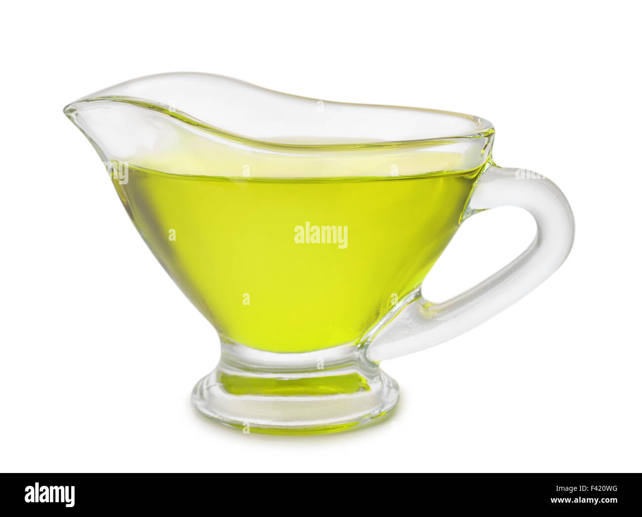 Gravy boat of olive oil isolated on white Stock Photo