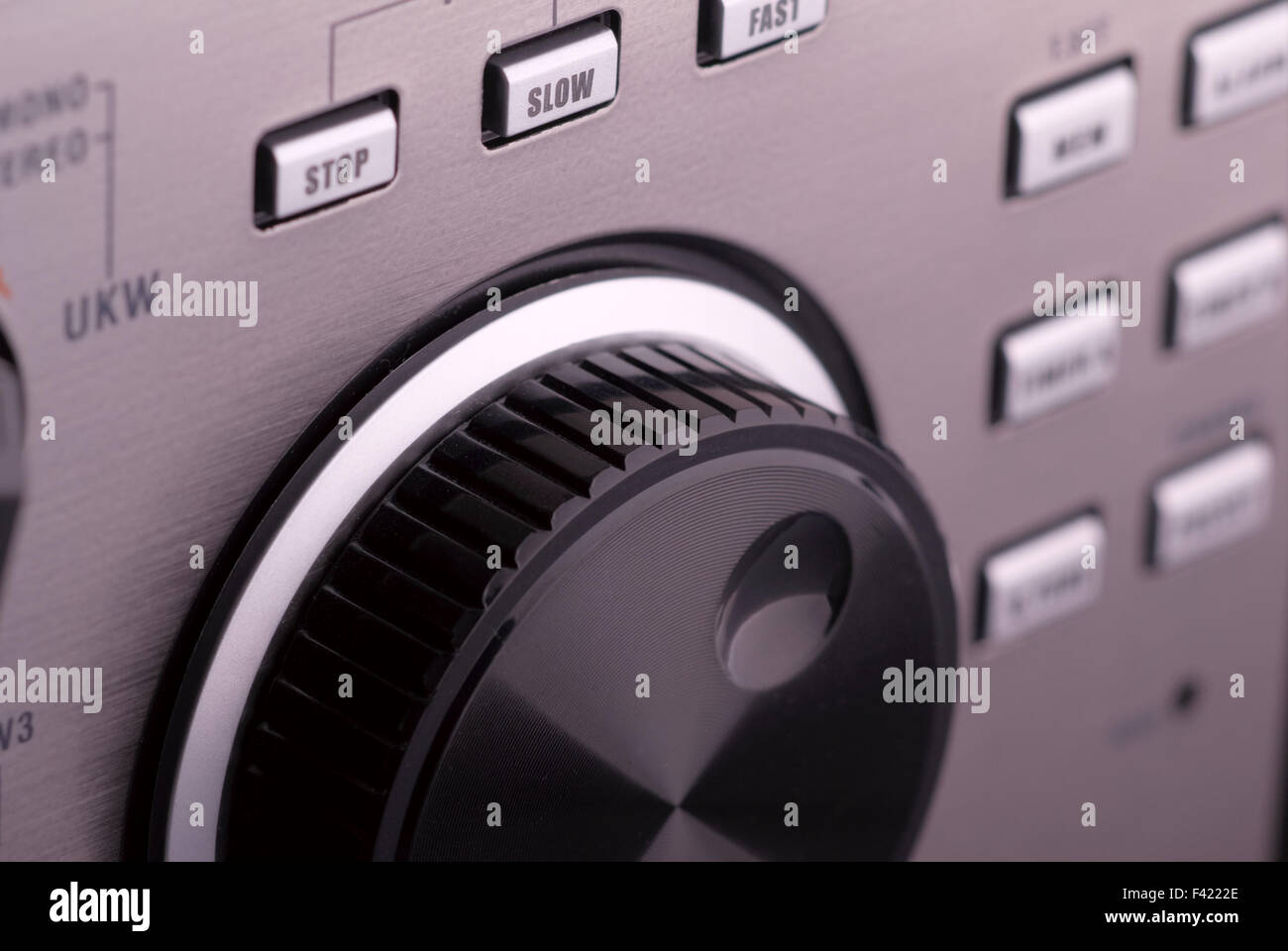 Jog dial and selection knobs, silver metallic surface Stock Photo