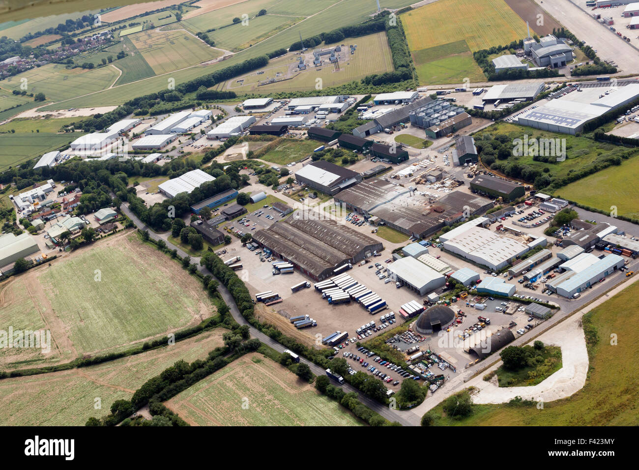 Aerial view of the industrial estate at Eye Airfield, Suffolk, UK Stock Photo