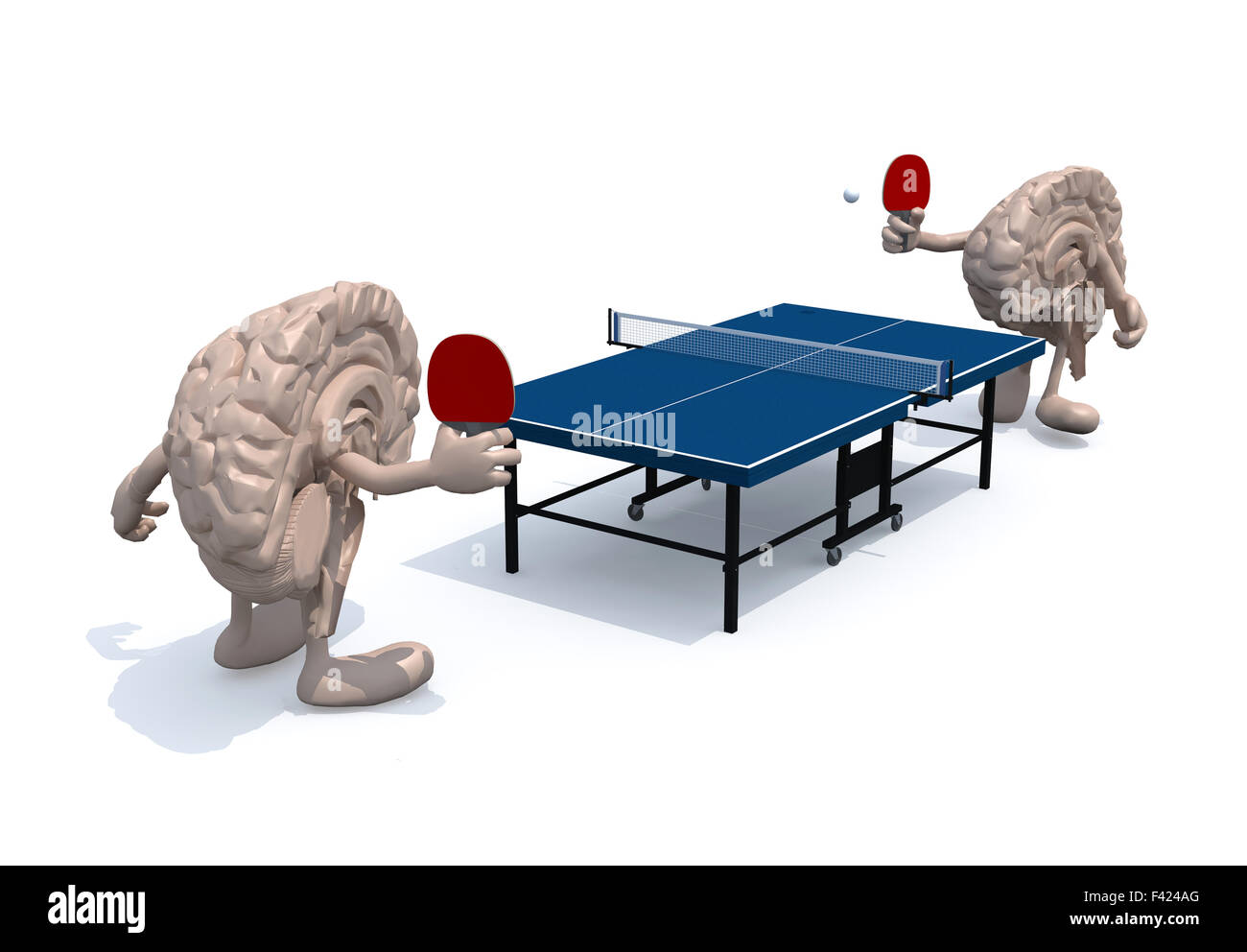 two half brains with arms and legs that playing to table tennis, 3d illustration Stock Photo