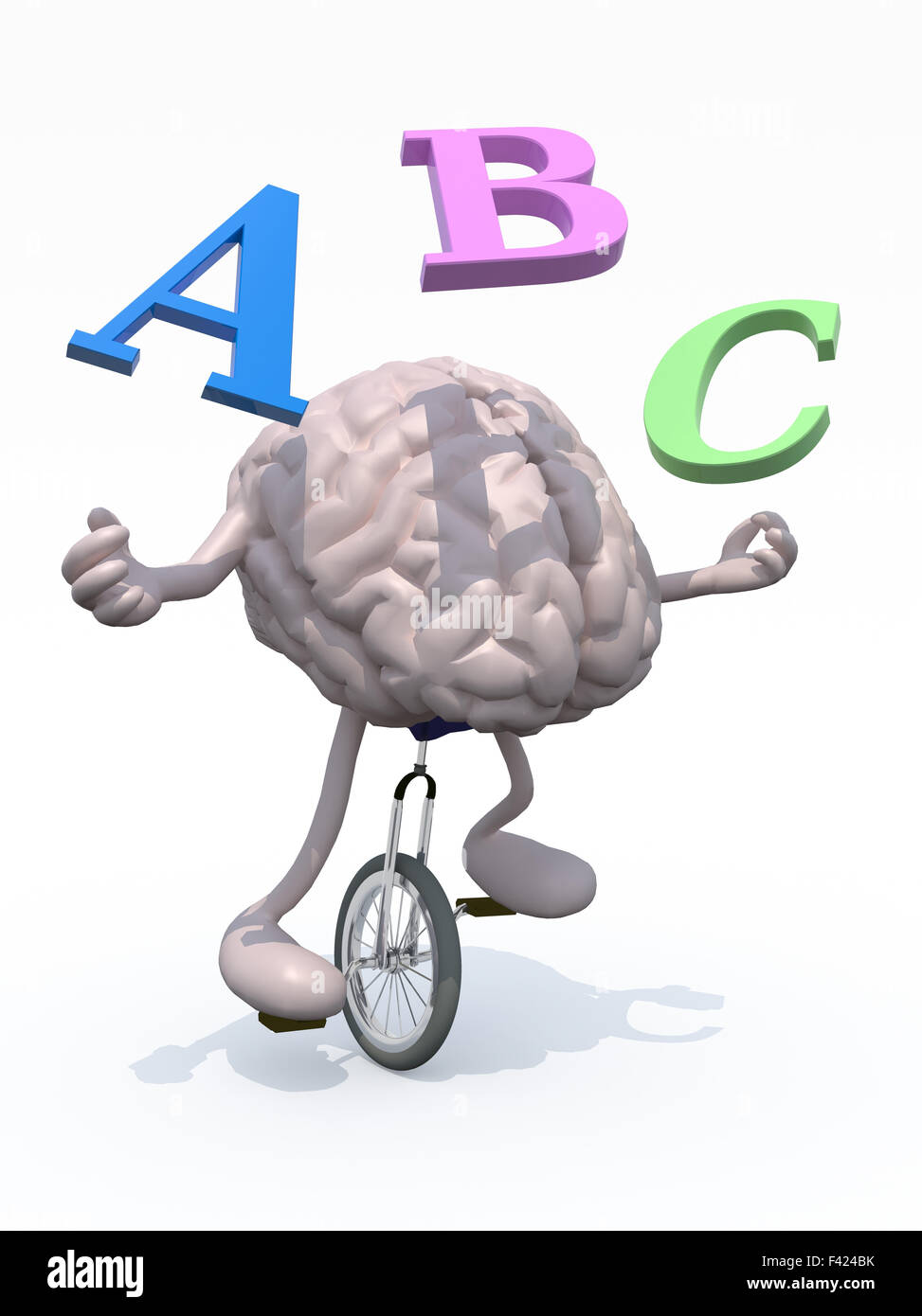 human brain with his arms and legs riding a unicycle and spear alphabet letters, 3d illustration Stock Photo
