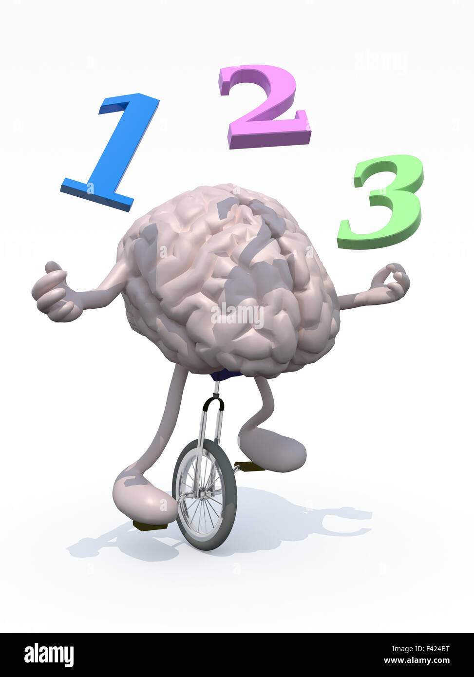 human brain with his arms and legs riding a unicycle and spear numbers, 3d illustration Stock Photo