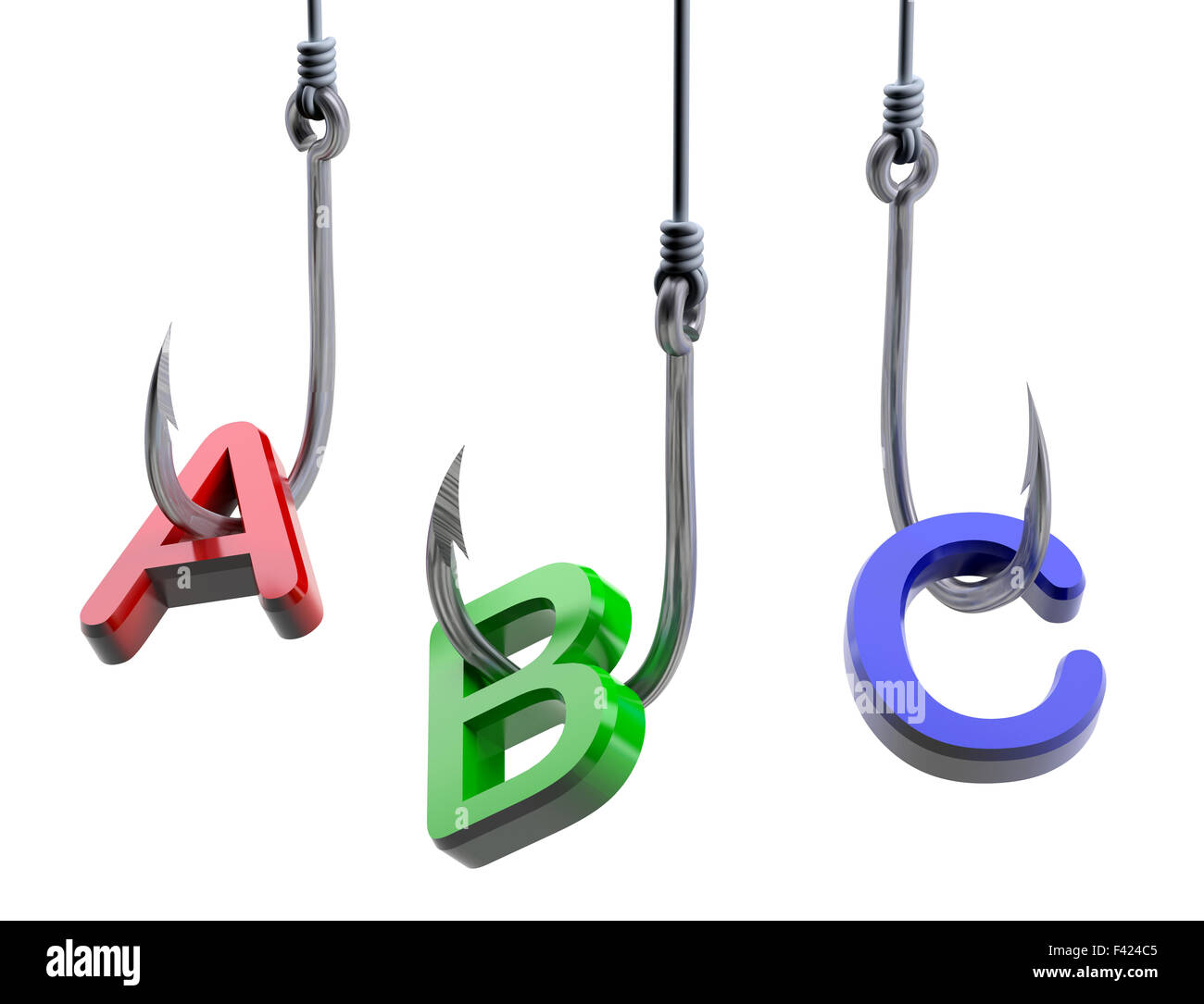 letters 'A,B,C' caughts on a fish hooks, isolated 3d illustration Stock Photo