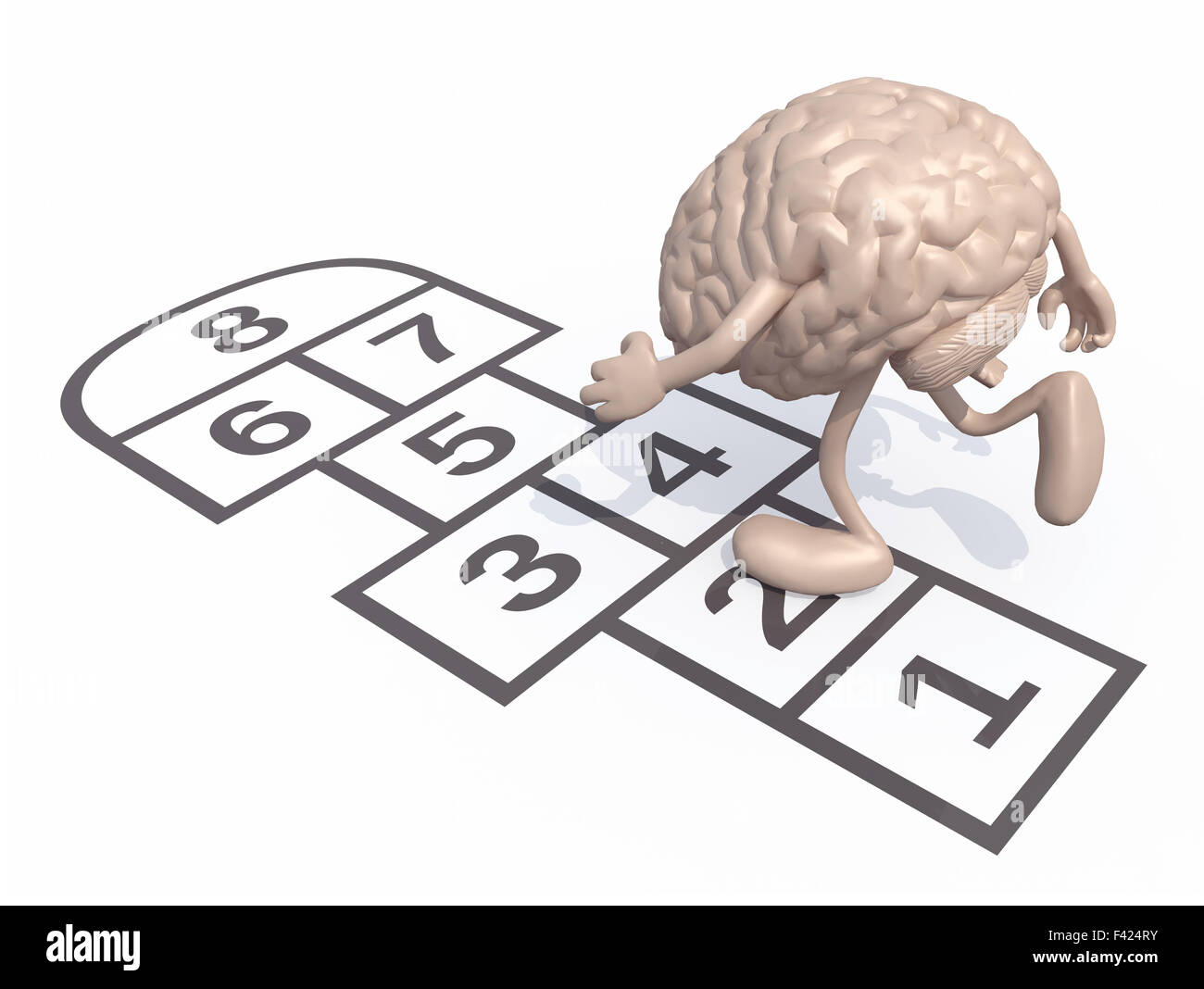 Human brain with arms and legs play hopscotch. Isolated on white background, 3d illustration Stock Photo