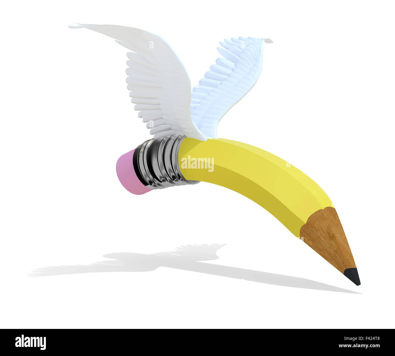 Pencil with wings and shadow, 3d illustration Stock Photo