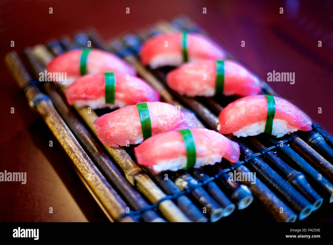Tuna Sushi Nigiri on bamboo tray Stock Photo Alamy