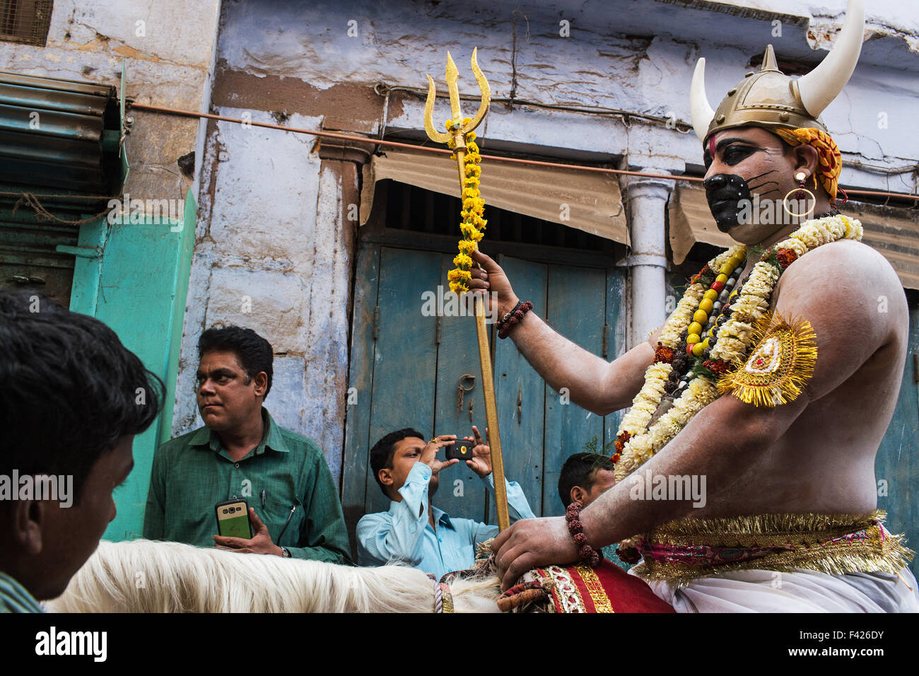 Procession in the old city during Maha Shivaratri festival in Varanasi, India. Stock Photo